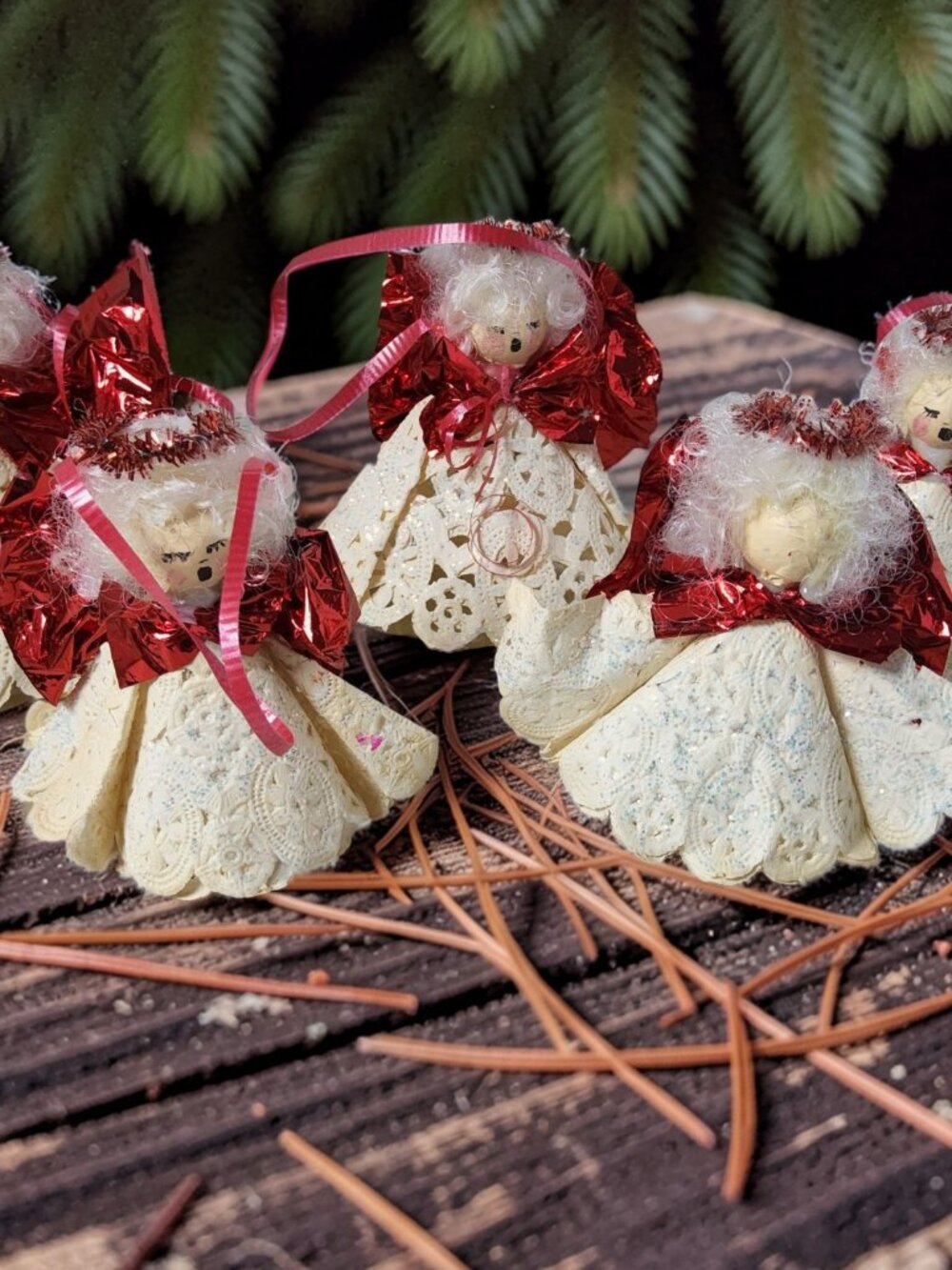 vintage set of 5 handmade lace angels christmas tree ornaments